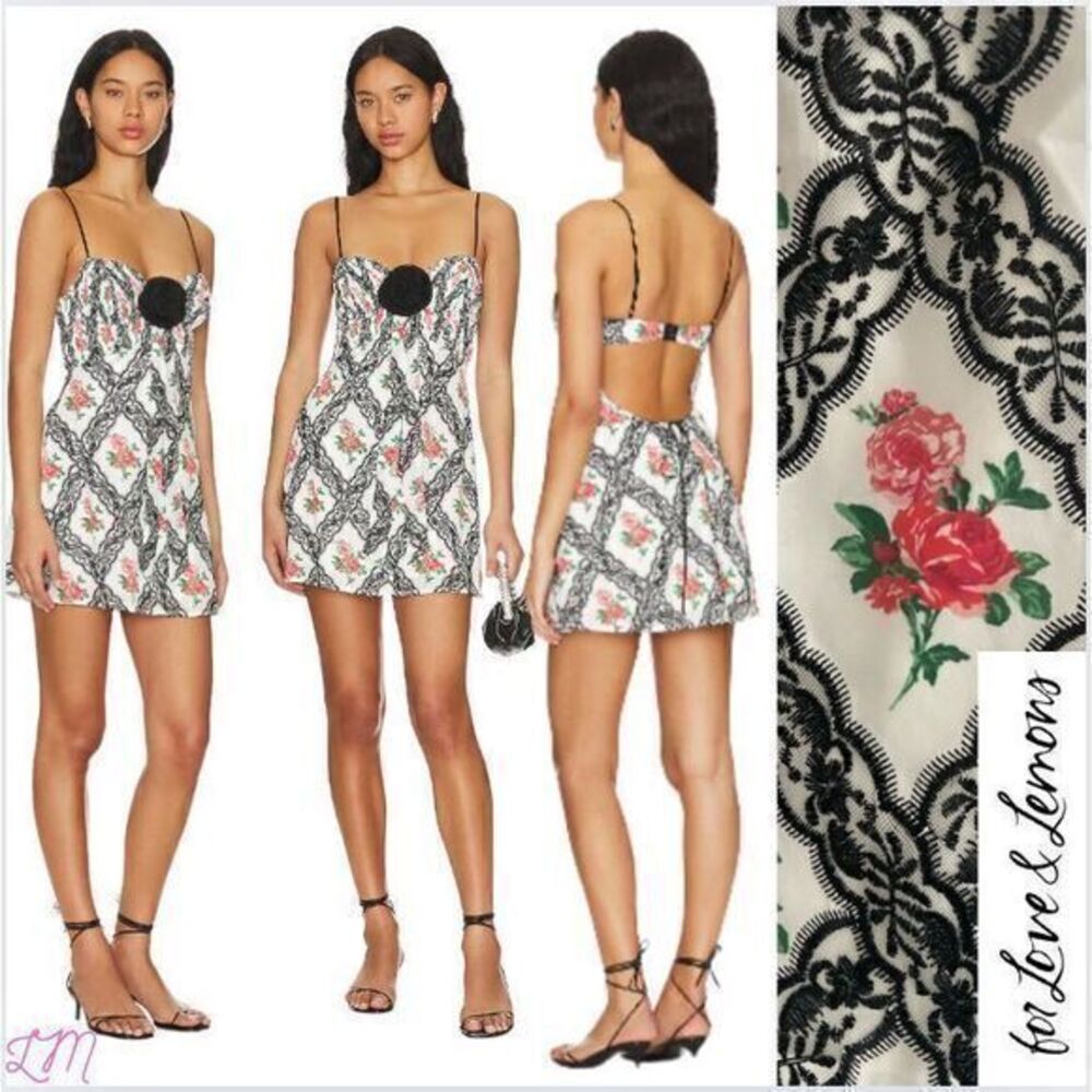 For Love and Lemons Greta Mini Dress Size Small Black Lace Red Roses - Picture 3 of 12